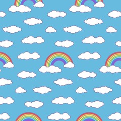 Children's seamless pattern with blue sky, clouds and rainbow