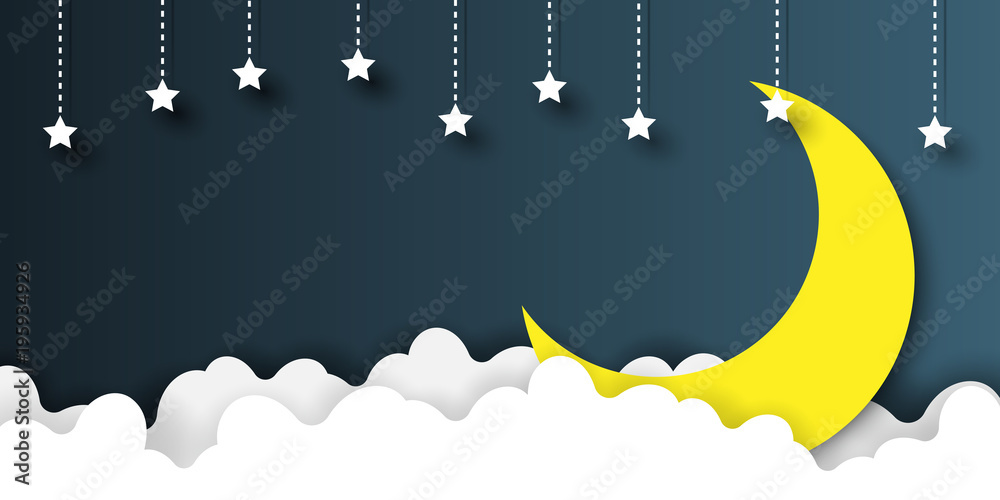 Aufkleber night scene with clouds,stars and crescent moon on midnight sky background paper art style design.ve