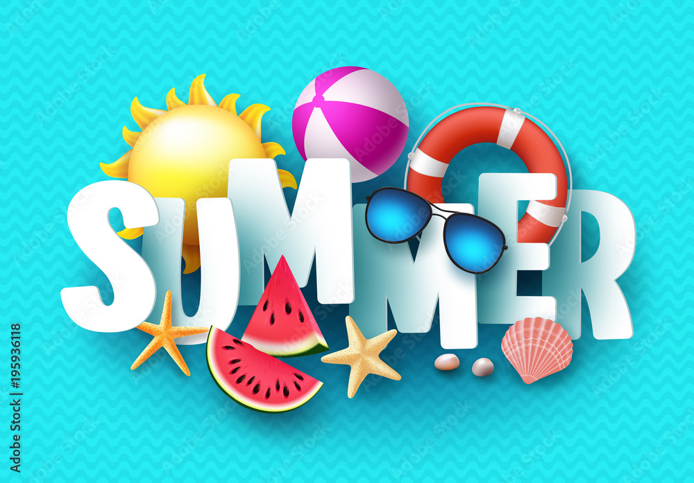 Fototapete Summer 3d text vector banner design with white title and colorful tropical beach elements in blue pattern background for summer season. Vector illustration.
