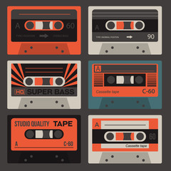 Cool vintage audio cassettes, retro technology set.