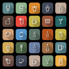 Beverage line flat icons with long shadow