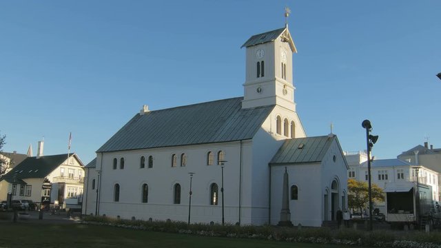 laconic style of architecture of traditional icelandic church in sunny evening in Reykjavik in fall