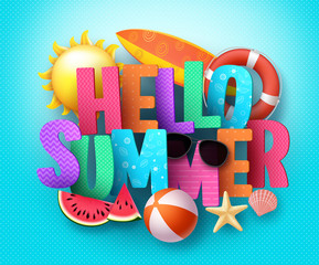 Hello Summer vector banner greeting design with 3D text typography and colorful beach elements in blue pattern background for summer season holiday. Vector illustration.
