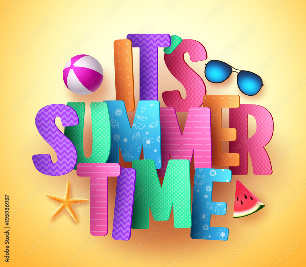 Wall mural it's summer time vector banner greeting design with colorful text typography and realistic beach ele