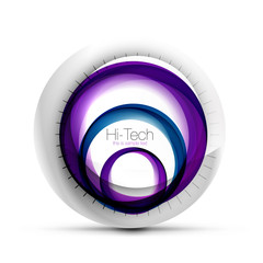 Digital techno sphere web banner, button or icon with text. Glossy swirl color abstract circle design, hi-tech futuristic symbol with color rings and grey metallic element