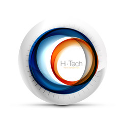 Digital techno sphere web banner, button or icon with text. Glossy swirl color abstract circle design, hi-tech futuristic symbol with color rings and grey metallic element