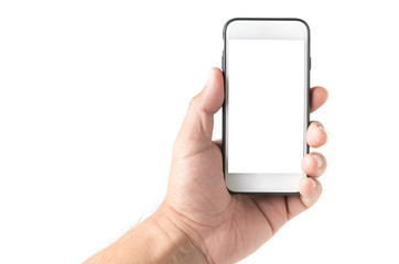  hand man hold mobile phone with white screen