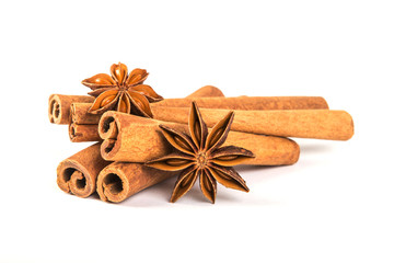 Close up the brown cinnamon stick with star anise spice isolated on white background
