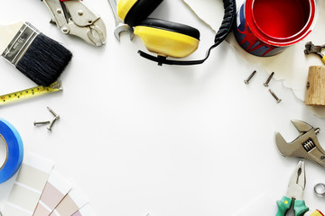 Flat lay of various technician tools isolated on white background