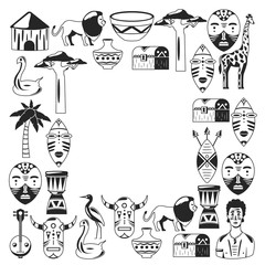 Africa. Frame for poster. Travel to Africa ethnic icons. Tribal illustration. African mask, animals, house, tree, palm, baobab