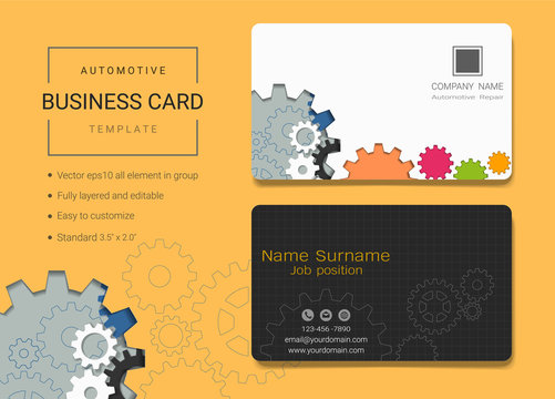 Automotive Business Card Or Name Card Template, Simple Style Also Modern And Elegant With Abstract Gears Machine Background, It's Fully Layered And Editable, Easy To Customize It To Fit Your Needs.