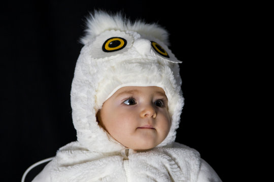 Cute baby boy in Halloween snowy owl costume 