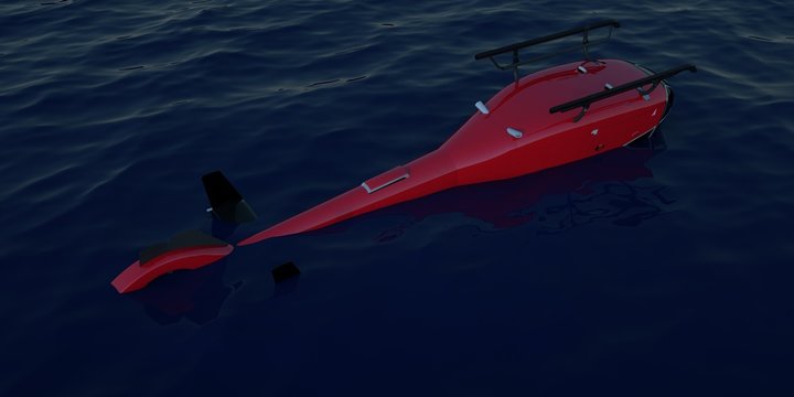 Extremely detailed and realistic high resoluiton 3D illustration of a helicopter crashing into water