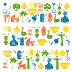 African banners. Africa icons and design elements for banners, posters, backgrounds. Giraffe, tribal masks, palm, baobab, drum, music