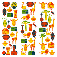 African banners. Africa icons and design elements for banners, posters, backgrounds. Giraffe, tribal masks, palm, baobab, drum, music