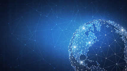 Blockchain technology futuristic hud background with world globe and blockchain polygon peer to peer network. Global cryptocurrency fintech business banner concept.
