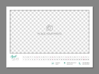 Practical wall planner, April 2019 year, flat. Useful calendar for taking every day notes with copyspace. Vector illustration