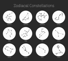 Set zodiacal constellations, round, white background, icon cartoon. Collection of horoscope symbols. Vector illustration of ancient magic images