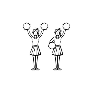 Cheerleader women with pom-pom hand drawn outline doodle icon. Girls cheer leaders vector sketch illustration for print, web, mobile and infographics isolated on white background.