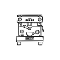 Coffee maker with cup hand drawn outline doodle icon. Modern automatic coffee maker vector sketch illustration for print, web, mobile and infographics isolated on white background.