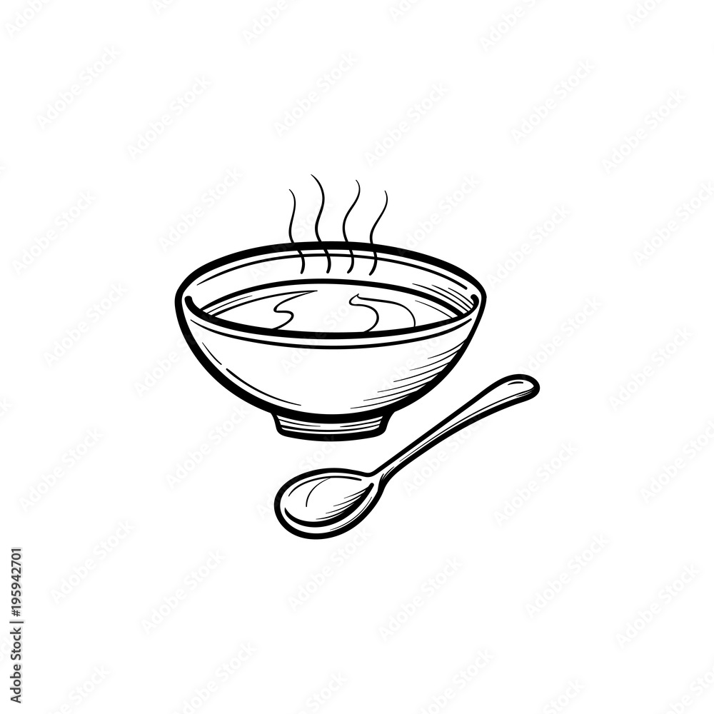 Poster bowl of soup with spoon hand drawn outline doodle icon. hot soup in bowl vector sketch illustration 