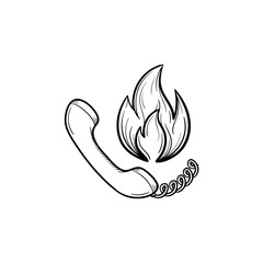 Telephone handset and fire hand drawn outline doodle icon