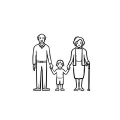 Grandparents and grandson hand drawn outline doodle icon. Happy family together - grandfather, grandmother and grandson holding hands vector sketch illustration for print, web, mobile and infographics