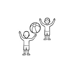 Child playing with friend hand drawn outline doodle icon. People playing with inflatable ball vector sketch illustration for print, web, mobile and infographics isolated on white background.