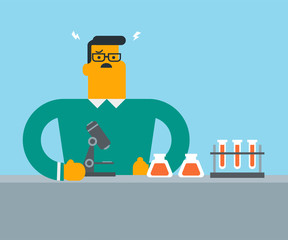 Disappointed caucasian student carrying out experiment in laboratory class. Young male student clutching head after failed experiment in chemistry class. Vector cartoon illustration. Square layout.