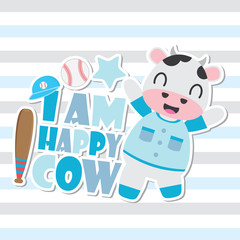 Cute happy cow vector cartoon illustration for Kid t-shirt background design, postcard, and wallpaper