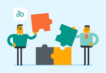Caucasian student completing idea lightbulb made of puzzle. Young smiling student inserts the missing puzzle in an idea lightbulb. Business idea concept. Vector cartoon illustration. Horizontal layout