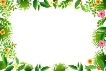 Fototapeta na wymiar Exotic tropical leaf and frower border background in greeting template.