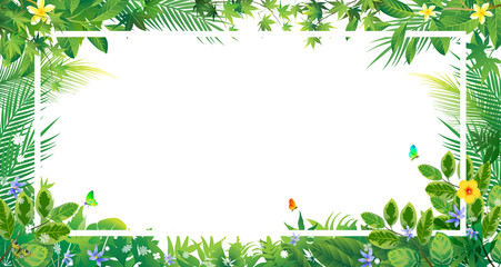 Exotic tropical leaf and frower border background in greeting template.