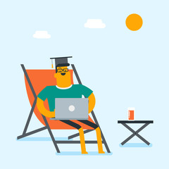 Caucasian graduate lying in chaise longue under beach umbrella. Young graduate in graduation cap working on a laptop on the beach. Online education concept. Vector cartoon illustration. Square layout.