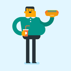 Fat caucasian man holding a tray with fast food. Young plump man having lunch in a fast food restaurant. Concept of unhealthy nutrition. Vector cartoon illustration. Square layout.