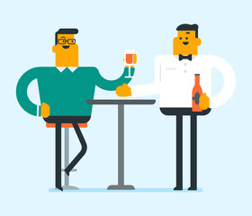 Caucasian man sitting at the table with a glass and a bottle of wine. Young man drinking wine in the restaurant. Man enjoying a drink at the wine bar. Vector cartoon illustration. Square layout.