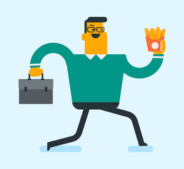 Caucasian business man eating hot dog in a hurry. Business man eating on the run. Young business man running with briefcase and eating hot dog. Vector cartoon illustration. Square layout.