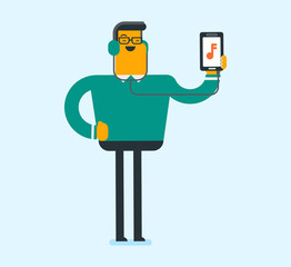 Caucasian man listening to music on her smartphone