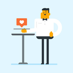 Caucasian waitress carrying a tray with social network like button. Full length of young waitress holding a restaurant tray with social network like button. Vector cartoon illustration. Square layout.