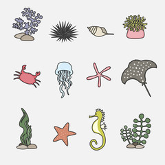 Cartoon sea animals set. Vector illustration.
