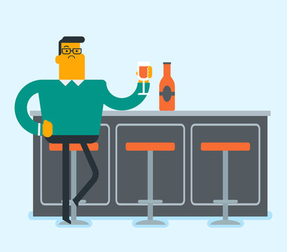 Sad caucasian white man sitting at the bar counter and drinking alone. Young lonely man relaxing in the bar with a glass of wine. Vector cartoon illustration. Square layout.