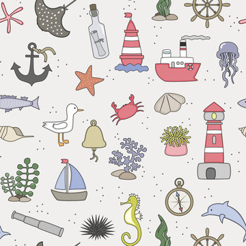 Seamless pattern with cartoon sea objects and life animals. Underwater background.