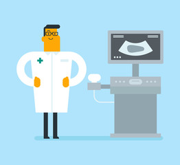 Caucasian white operator of an ultrasound scanning machine analyzing the liver of patient