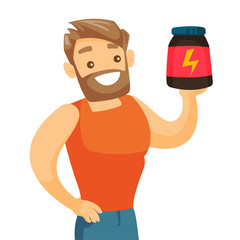 Caucasian white sportsman holding a jar with protein. Young muscular bodybuilder with protein jar. Bodybuilding and sports nutrition concept. Vector cartoon illustration isolated on white background.