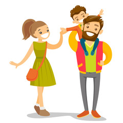 Young happy caucasian white family of four walking and having fun together. Father carrying his daughter on shoulders during family strolling. Vector cartoon illustration isolated on white background.
