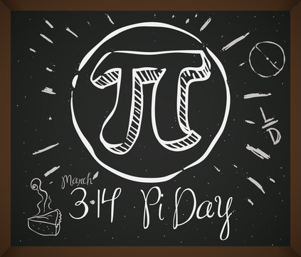 Doodle Drawing with Symbol, Pie and Date for Pi Day, Vector Illustration