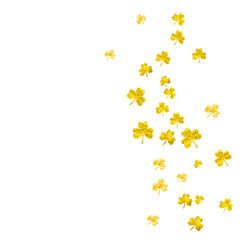 Shamrock background for Saint Patricks Day. Lucky trefoil confetti. Glitter frame of clover leaves.	 Template for flyer, special business offer, promo. Festal shamrock background.