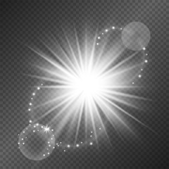 Vector light effect, star soffit, projector rays with shining halo lens flare. Decorative glitter sparkles on the sides.