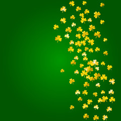 Shamrock background for Saint Patricks Day. Lucky trefoil confetti. Glitter frame of clover leaves.	 Template for gift coupons, vouchers, ads, events. Happy shamrock background.