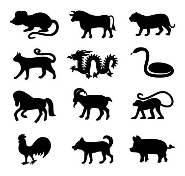 Chinese horoscope, black silhouette, rat, bull, tiger, cat, dragon, snake, horse, goat, monkey, rooster, dog, pig, ox, animal set, astrology, symbol ot the year